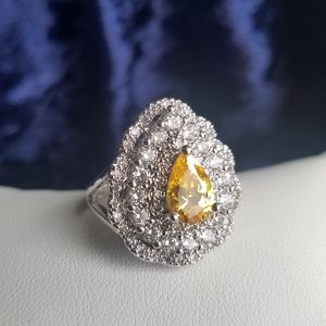 Swarovski Elements 925 Sterling Silver Large Yellow Citrine Teardrop Ring NEW